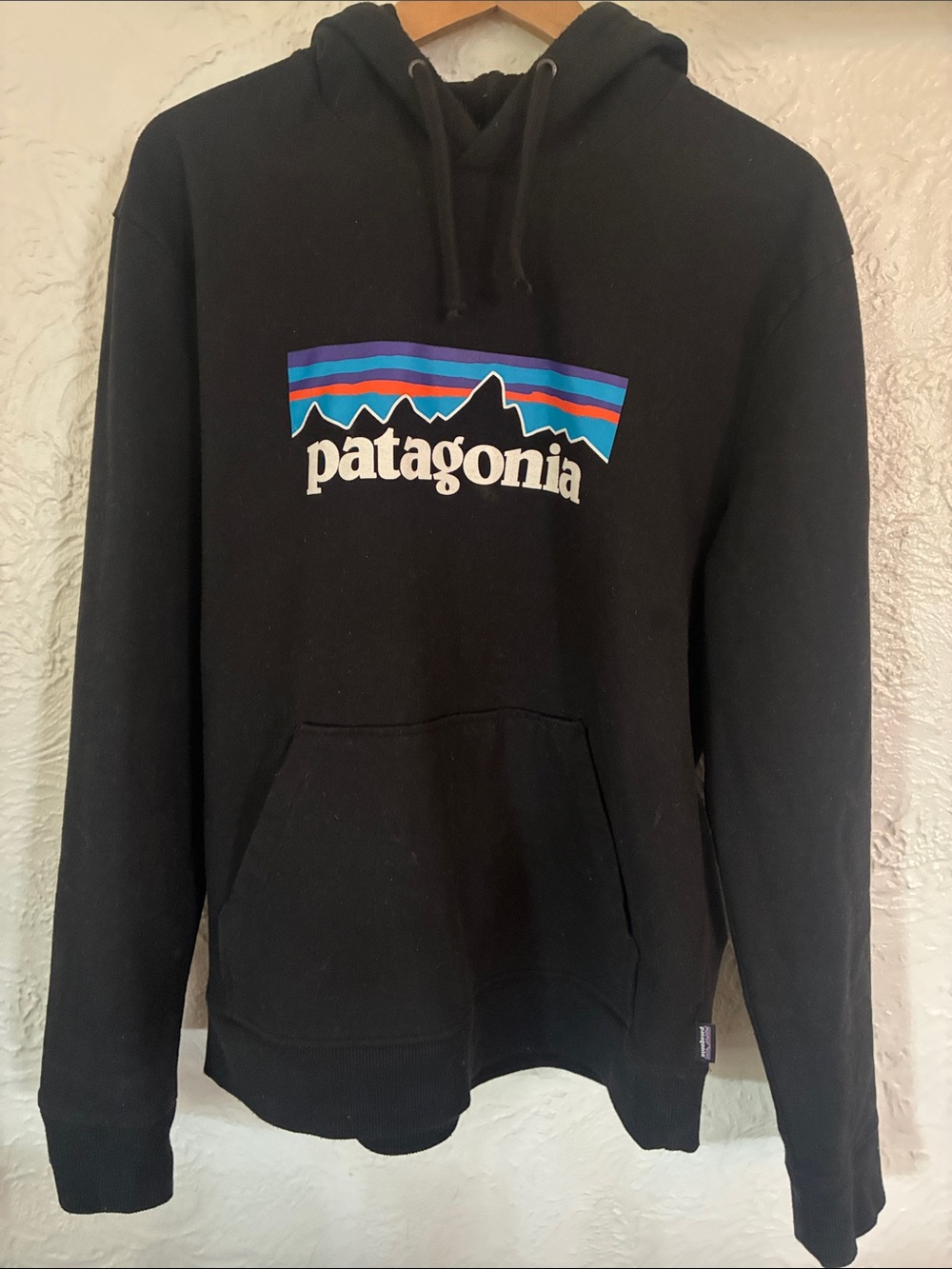 Patagonia Black Hoodie with Classic Multicolor Mountain Logo. Men’s M